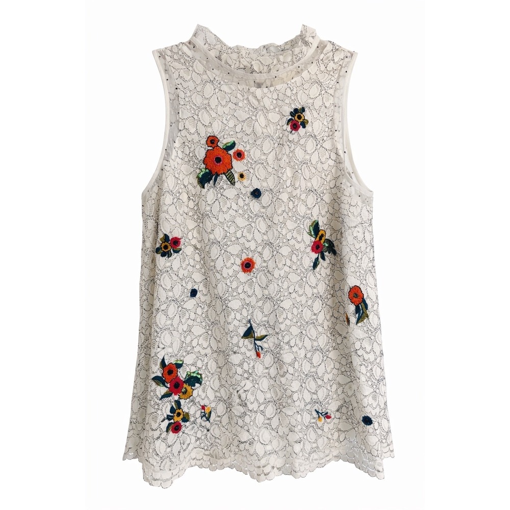 Maeve for Anthropologie Embroidered Sequin Lace Tank Size 6 Ruffle Neck
